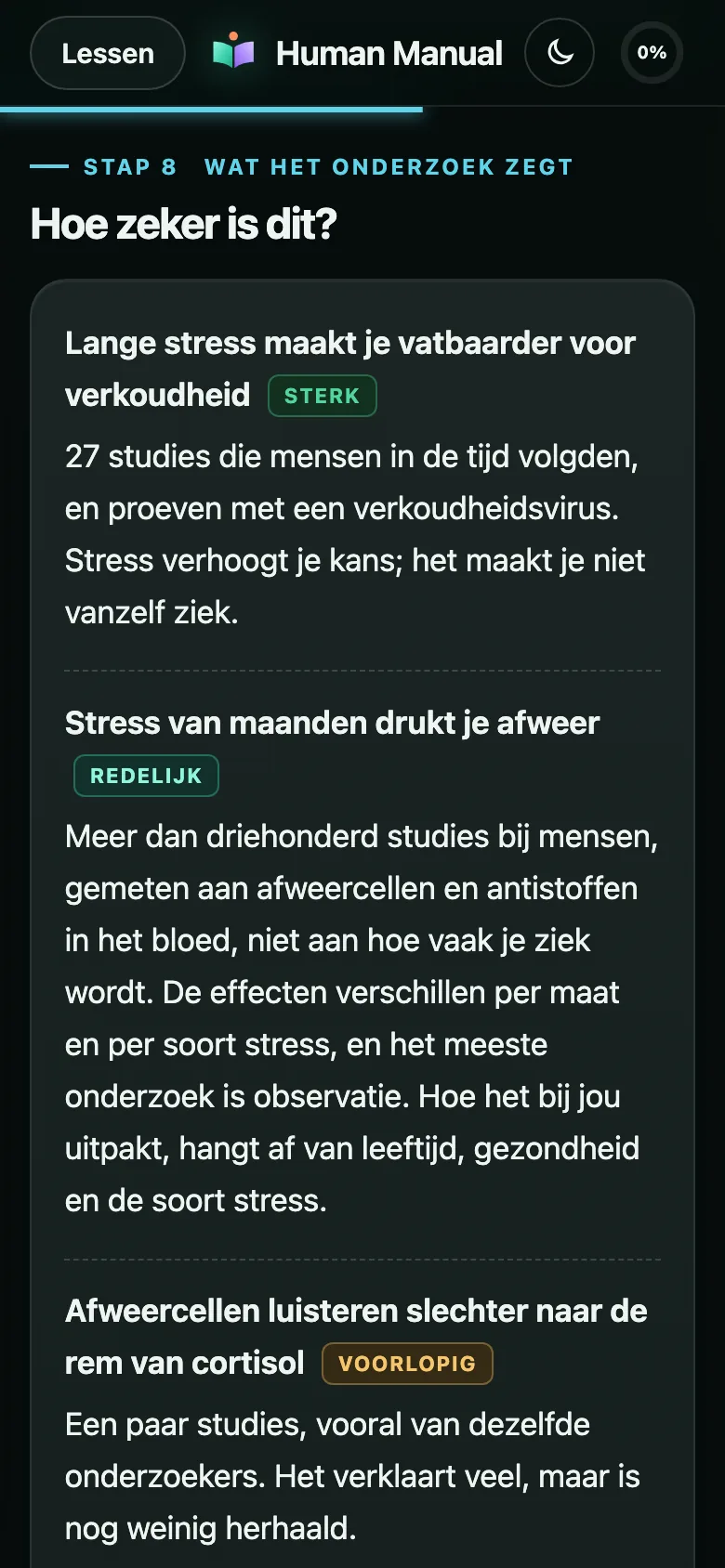 Het blok Wat het onderzoek zegt, met een label per bewering