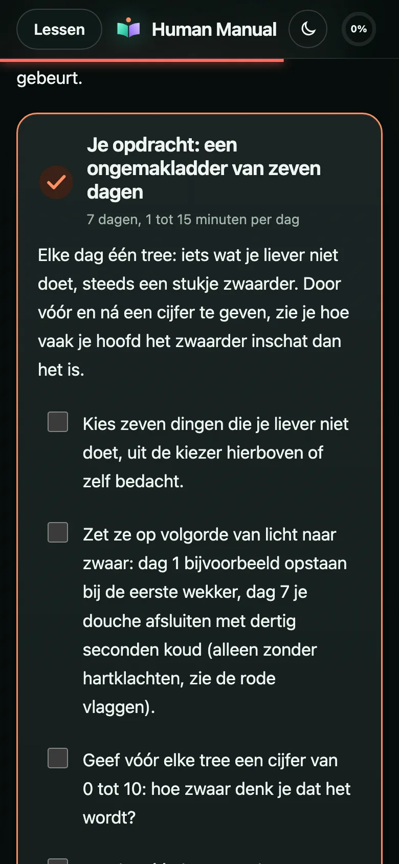 De opdracht van de week, met stappen om af te vinken